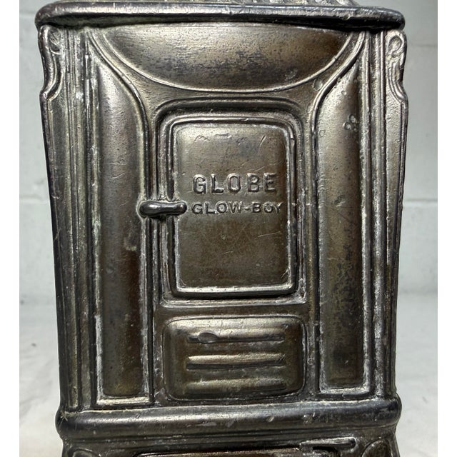 Gray Antique 1930s-40s Vintage Globe Glow-Boy Metal Stove Advertising Coin Still Bank For Sale - Image 8 of 12