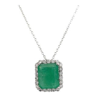 Natural Emerald Diamond Necklace 18" 14k White Gold 2.64 TCW Certified For Sale