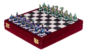 Indian Silver and Enamel Chess Set with Silk and Velvet Board, Jaipur, 1950s, Set of 33