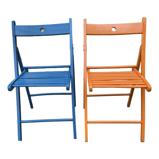 Set of Vintage Painted Blue and Orange Chairs For Sale