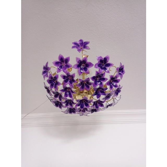 Vintage 1970s Murano Purple Glass Semi-Flush Mount Calla Lily Hand Painted Chandelier For Sale - Image 9 of 12