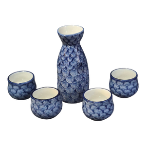 Vintage Chinese Blue & White Sake Set Carafe & 4 Cups