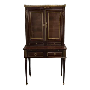 Antique English Brass Inlaid Regency Mahogany Writing Desk, C. 1880 - Restored