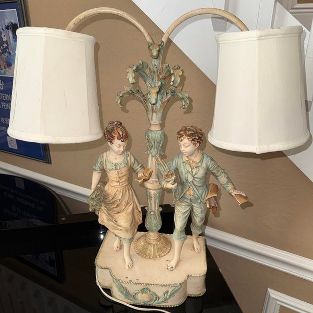 Shabby Chic Antique L & F Moreau Figural Double-Light Lamp Collection Francaise - French Renaissance Style With Original Shades Lamp. Foundry Mark. For Sale - Image 3 of 18