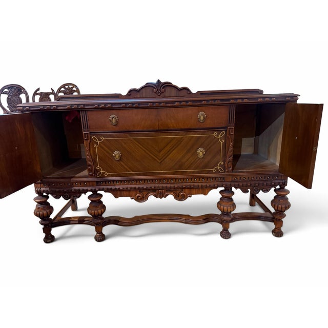 Antique Jacobean Revival Mahogany Sideboard With Chevron Inlay For Sale - Image 9 of 11