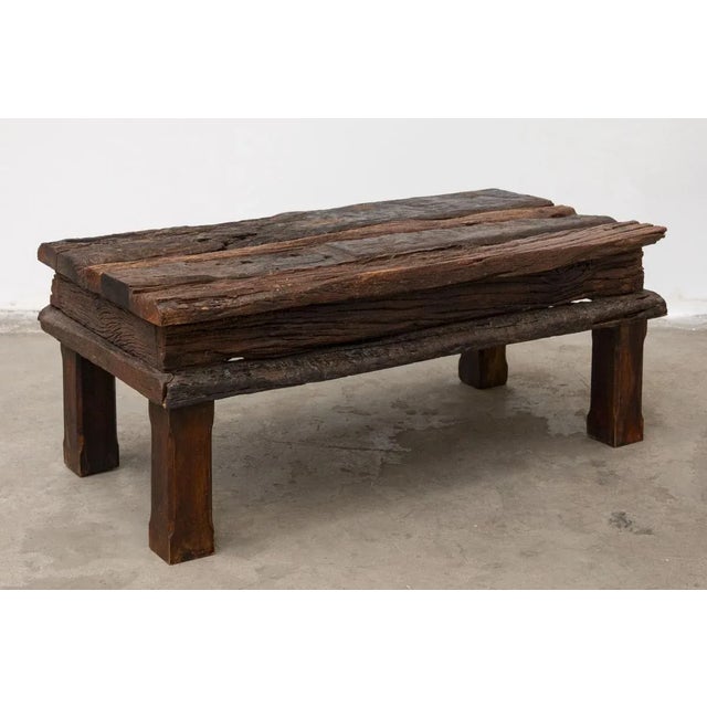 Brown Handcrafted Coffee Table in Oak and Teak For Sale - Image 8 of 11