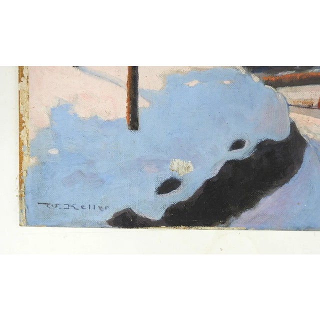 Vintage 1948 oil on canvas board winter landscape at sunrise casting a pale pink over the snow. Signed W. Keller lower...