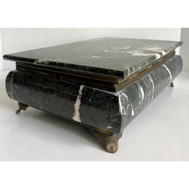 Green Mid-20th Century Green Marble Hinged Box With Brass Mounts & Black Felt Lining For Sale - Image 8 of 12