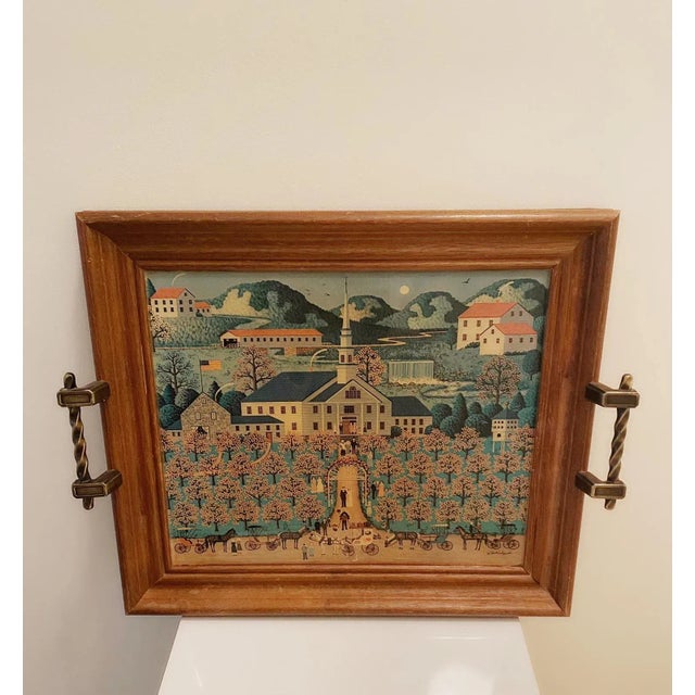 Mid 20th Century Vintage New England Panoramic Wedding Scene Art Tray Trivet Wall Hanging For Sale - Image 5 of 5