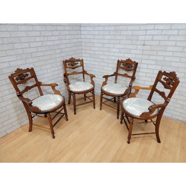 Antique Victorian Eastlake Carved Dining Chairs Newly Upholstered Set
