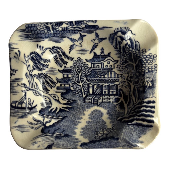 Vintage Royal Alma Blue and White Porcelain Ashtray, England For Sale