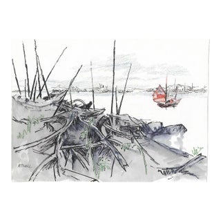 Ivy Attwell Harbor Scene and Tangs Department Store Double Sided Painting For Sale