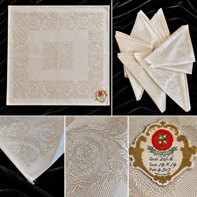 Beautiful vintage cotton napkins featuring an intricate floral damask pattern with a soft, elegant sheen. Made in Ireland,...