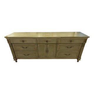 Vintage Neoclassical Sage Green Triple Dresser Credenza by White Fine Furniture Co. For Sale