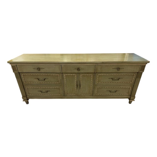 Vintage Neoclassical Sage Green Triple Dresser Credenza by White Fine Furniture Co. For Sale