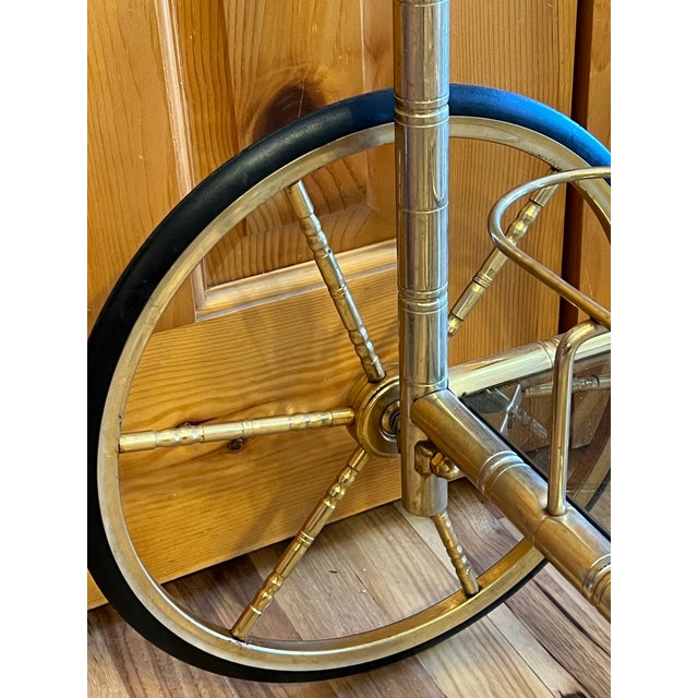 Mid Century Modern French Brass Faux Bamboo 2-Tier Bar Drink Cart Glass Shelves For Sale - Image 4 of 11