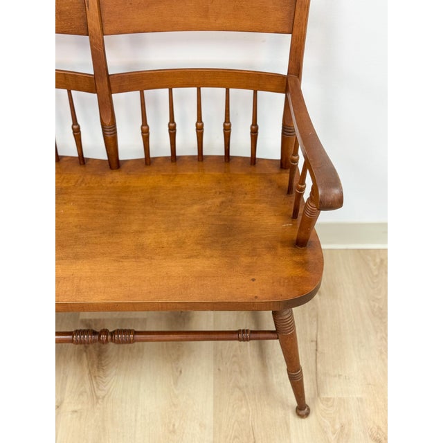 Vintage Maple Spindle Two-Seat Bench Double Crest Turned Legs Farmhouse For Sale - Image 10 of 18