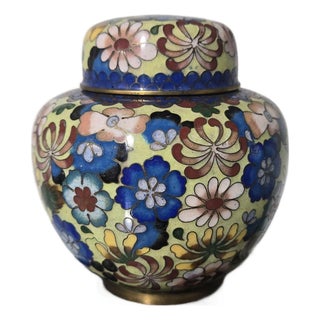 Antique Chinese Cloisonné Ginger Jar: Millefleurs Floral Pattern, Yellow Lidded Urn (Republic Period) For Sale