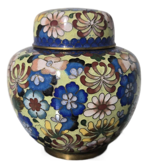 Antique Chinese Cloisonné Ginger Jar: Millefleurs Floral Pattern, Yellow Lidded Urn (Republic Period)