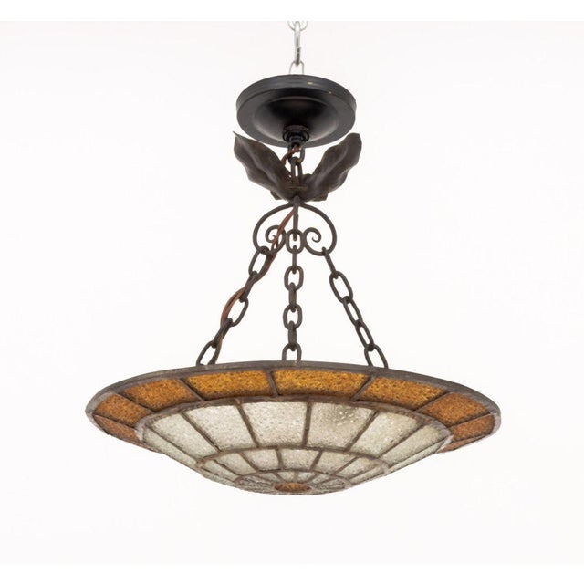Late 20th Century Art Deco Textured Glass and Iron Pendant Light For Sale In New York - Image 6 of 8