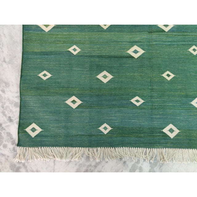 Handmade Cotton Forest Green Diamond Runner, Green and White -2.5'x12' For Sale - Image 6 of 8
