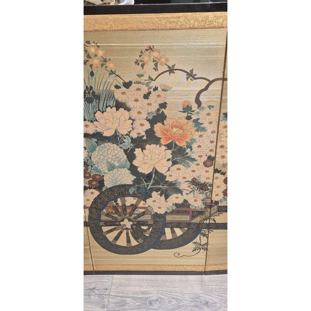 Japanese Japanese Four-Panel Showa Screen Hanaguruma Flower Cart ~ Original For Sale - Image 3 of 11