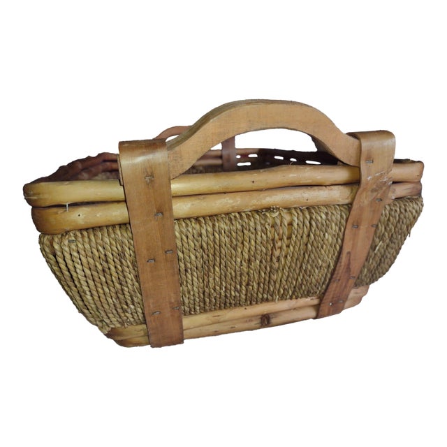 Vintage Hand Woven Baskets Rope Bamboo Side Wood Handle For Sale