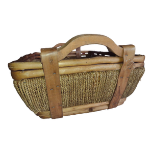 Vintage Hand Woven Baskets Rope Bamboo Side Wood Handle