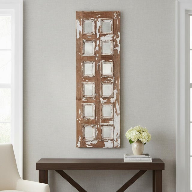 Dimensions: 14" W X 2" D X 44" H This Vintage Teak Wood Window Repurposed Wall Panel with Mirror is a captivating piece...