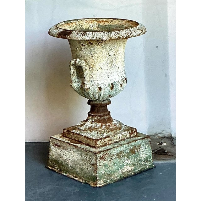 Vintage Regency Distressed Wrought Iron Urn For Sale - Image 4 of 7