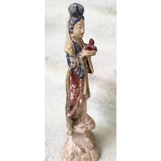 Antique Chinese 16.5” Tall Kuan Yin Wood Statue For Sale - Image 10 of 11