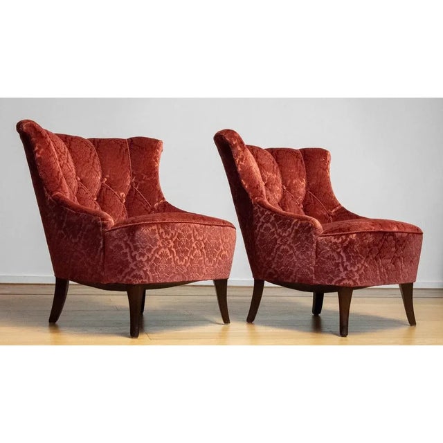 Set of 20th Century Napoleon III Armchairs in Velvet Jacquard Tone-on-Tone Brick For Sale - Image 4 of 12