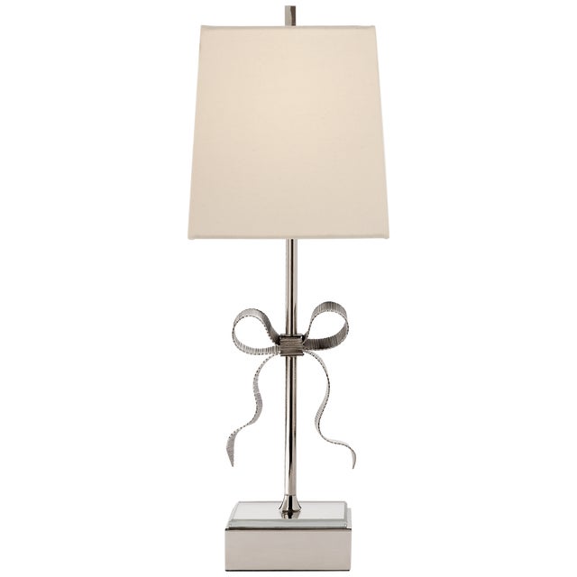 Kate Spade New York for Visual Comfort Signature Ellery Gros-Grain Bow Table Lamp in Polished Nickel & Mirror with Cream Linen Shade For Sale