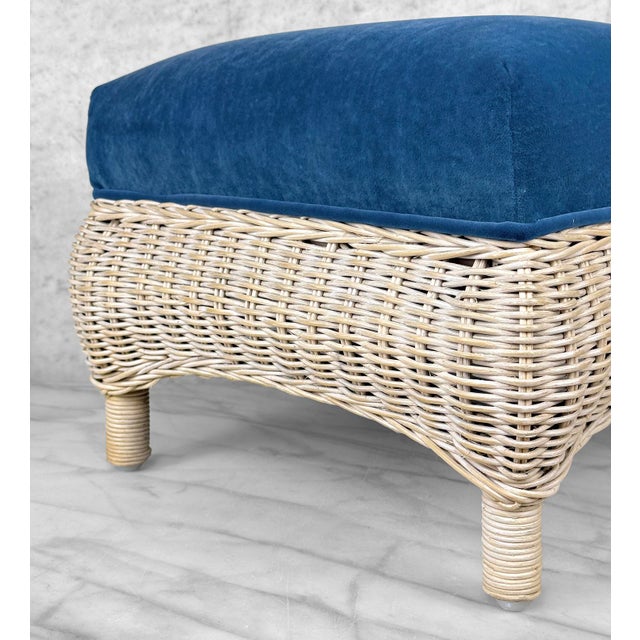 Blue Vintage 70s Coastal Natural Wicker Blue Suede Footstool Ottoman For Sale - Image 8 of 10
