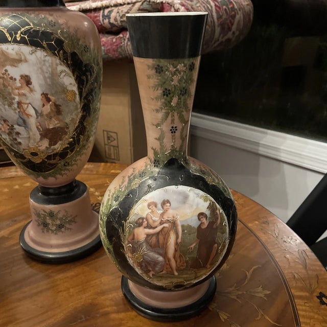 Beautiful Victorian Bristol Glass 3 Pieve Garniture set decorated in the Royal Vienna Style. A pair of vases of bulbous...