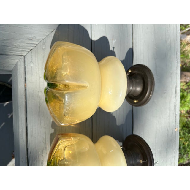 American Vintage Murano Mazzega Shades on Vintage Brass Flush Mount Fixtures - a Pair For Sale - Image 3 of 8