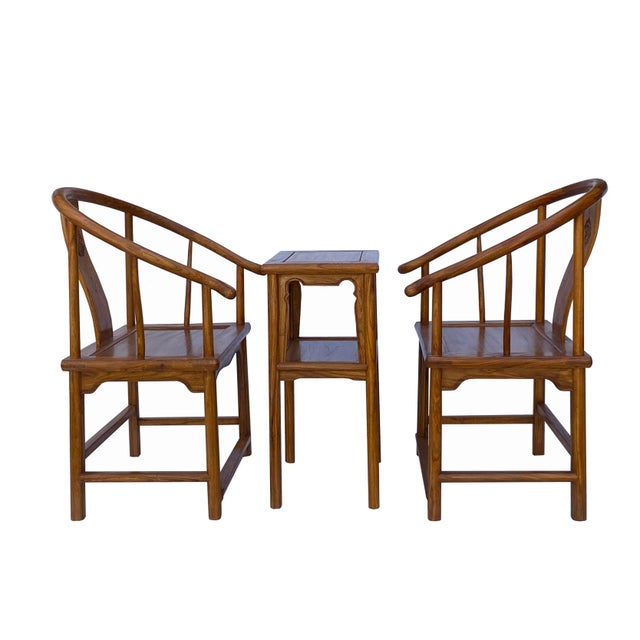 2000 - 2009 Chinese Handmade Light Brown Horseshoe Armchair Table 3 Pieces Set For Sale - Image 5 of 7