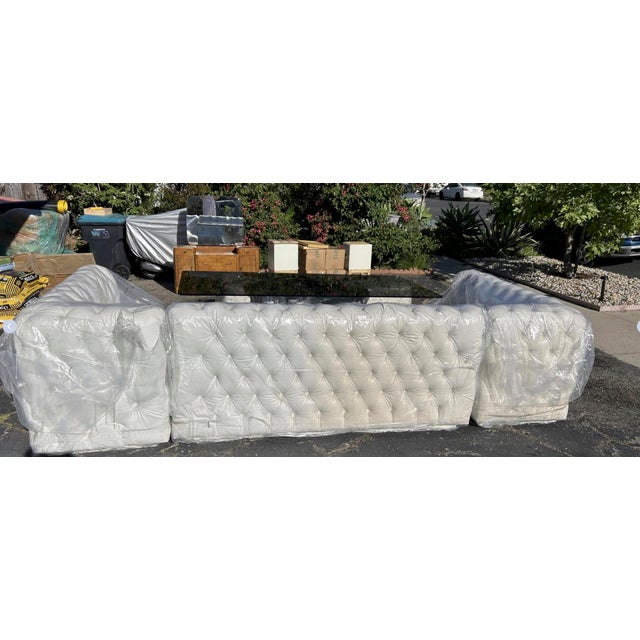 White White Tufted Chesterfield-Style L-Shaped Sectional Sofa | 3-Piece Pleather Corner Booth Seating For Sale - Image 8 of 9