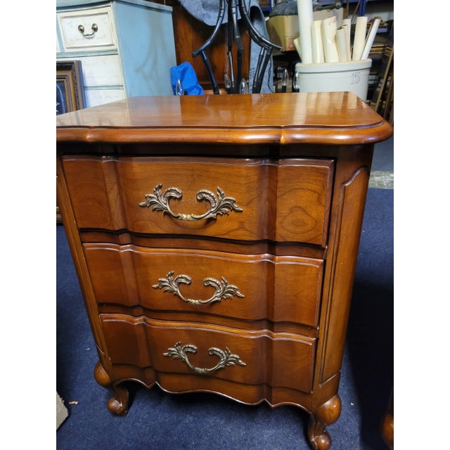 Fine Pair of French 3 Drawer Cherry Wood Nightstands For Sale - Image 10 of 11