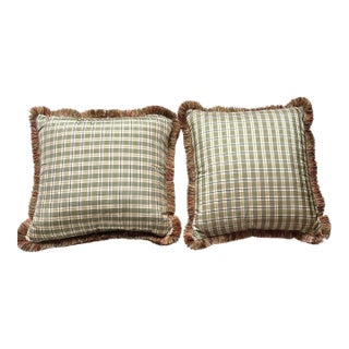 Pair of 1990s Green and Brown Silk Taffeta With Brown Brush Fringe For Sale