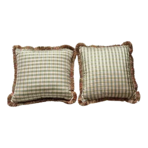 Pair of 1990s Green and Brown Silk Taffeta With Brown Brush Fringe