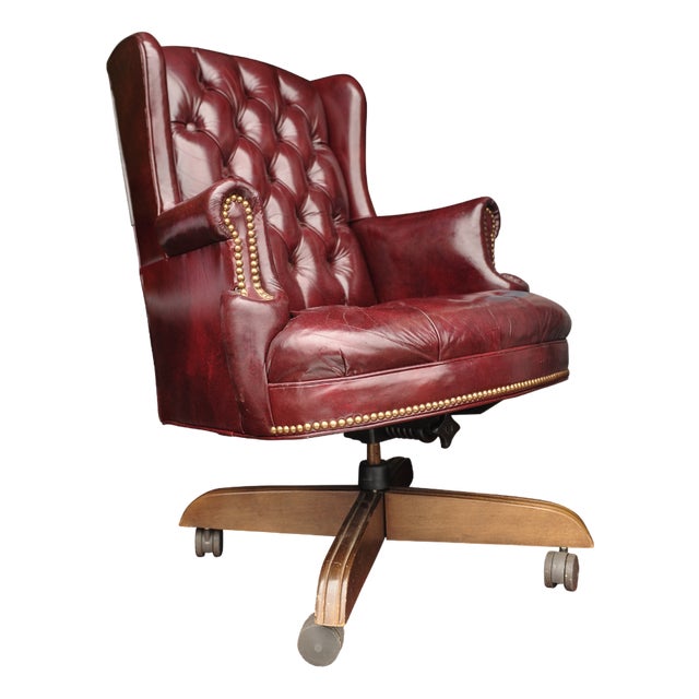 20th Century Button Back Chesterfield Revolving Desk Chair with Polished Burgundy Red Leather Upholstery with Tilt Action, 1970s For Sale