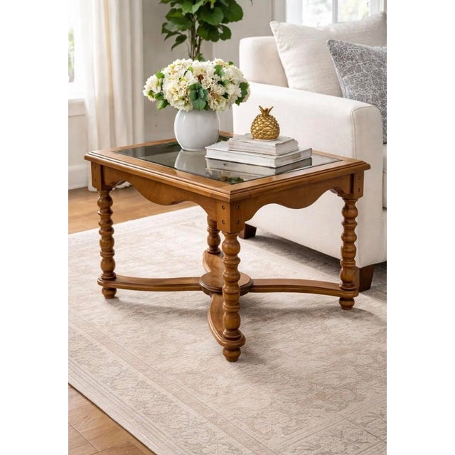 Late 20th Century Spanish Revival Style Smoked Glass Top Accent Table With X-Stretcher Base For Sale - Image 9 of 9