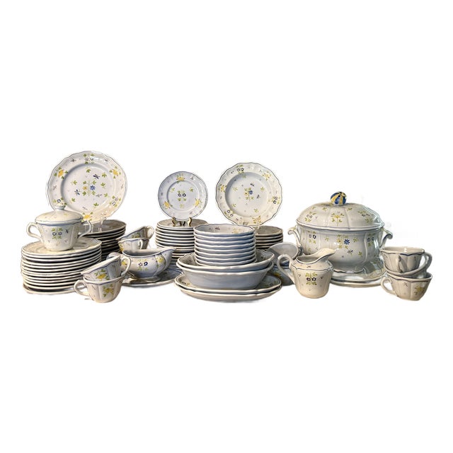 1970 Longchamp Printemps French Faience Dinnerware Service - 82 Pieces For Sale