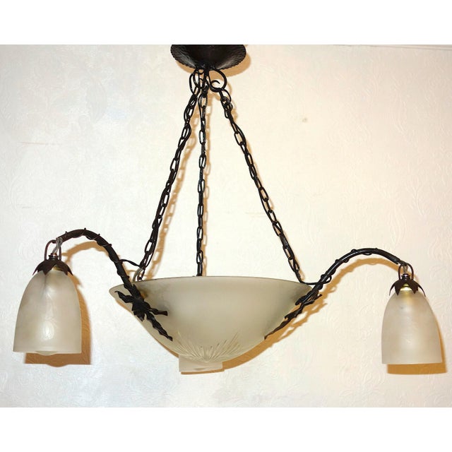 Antique Art Nouveau French Metal and Glass 4-Light Chandelier, 1890s For Sale - Image 10 of 10
