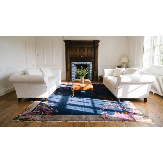 1920s Blue Navy Flowers Birds Antique Chinese Art Deco Carpet 9' X 11'10'' Knotted Wool Rug For Sale - Image 15 of 17