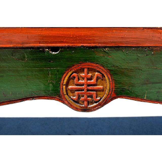 Monumental 8 Ft Extra Long 19th Century Chinese Console Altar Table Carved 5 Drawers Red Orange Green For Sale - Image 16 of 16