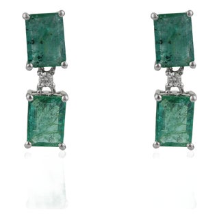 Art Deco Inspired Certified Natural Emerald 2 Stone Drop Earrings With Diamond Accents, a Pair For Sale