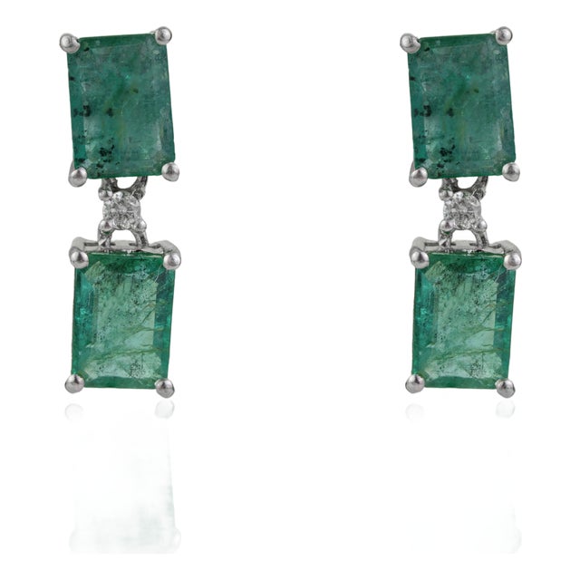 Art Deco Inspired Certified Natural Emerald 2 Stone Drop Earrings With Diamond Accents, a Pair For Sale