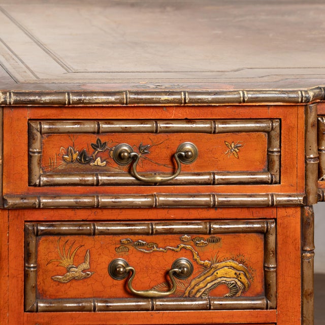 Ornamental & Decorative Materials 19th Century Victorian Red Chinoiserie Faux Bamboo English Partners Desk For Sale - Image 7 of 14